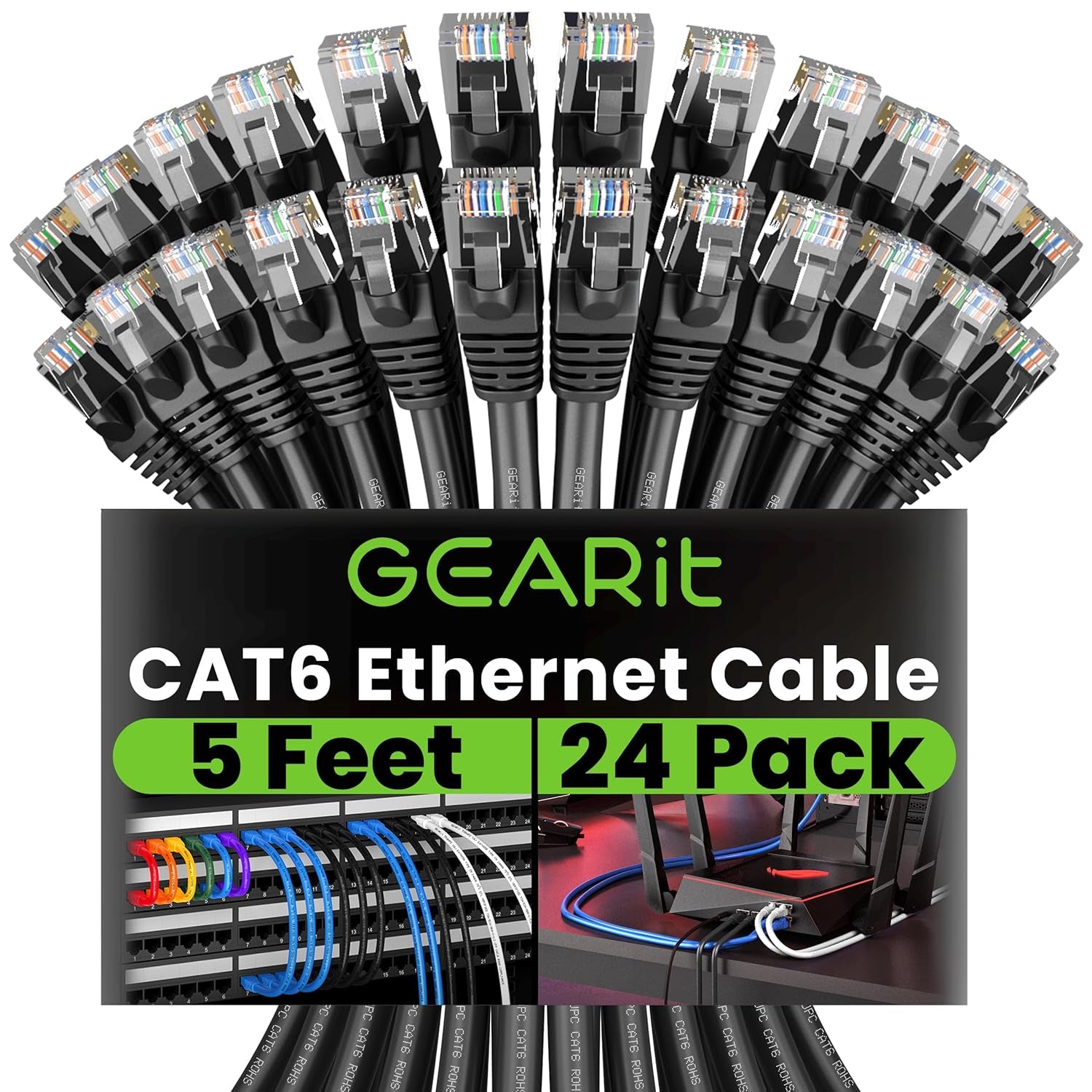 Cat 6 Ethernet Cable (24-Pack 5 Feet) Cat6 Network Patch, 10Gbps, RJ45, Snagless Cord, Gold-Plated Connectors, Internet for PC, TV, Tablet, Router, Printer, Servers, IT Data Center - Black