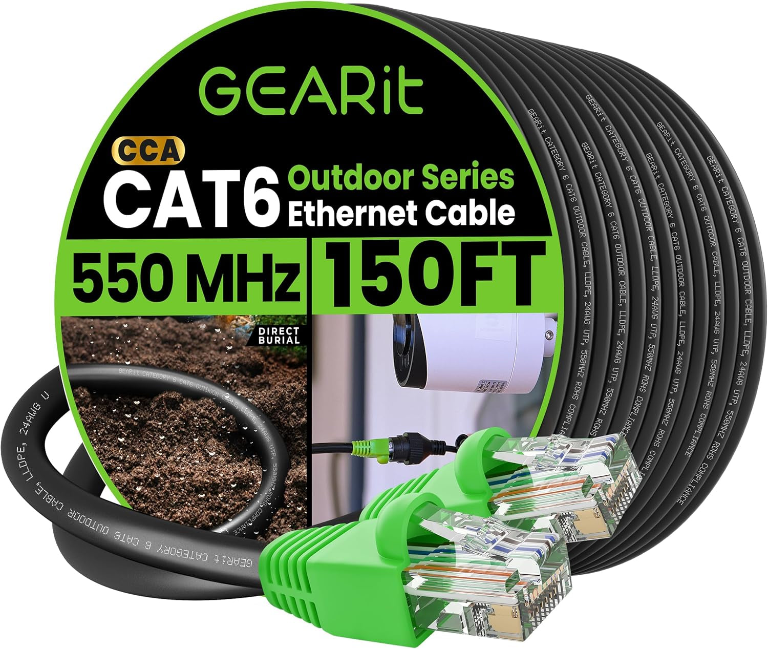 RJ45 Cat-6 Ethernet Patch Cable, 10Gpbs Transfer Speed, Gold-Plated Connectors, Copper Clad, Outdoor, UV Resistant, Direct Burial, Waterproof, Durable, 150 Foot (45.7 Meters), Black