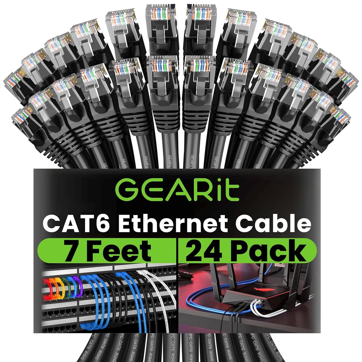 Cat 6 Ethernet Cable (24-Pack 7 Feet) Cat6 Network Patch, 10Gbps, RJ45, Snagless Cord, Gold-Plated Connectors, Internet for PC, TV, Tablet, Router, Printer, Servers, IT Data Center - Black