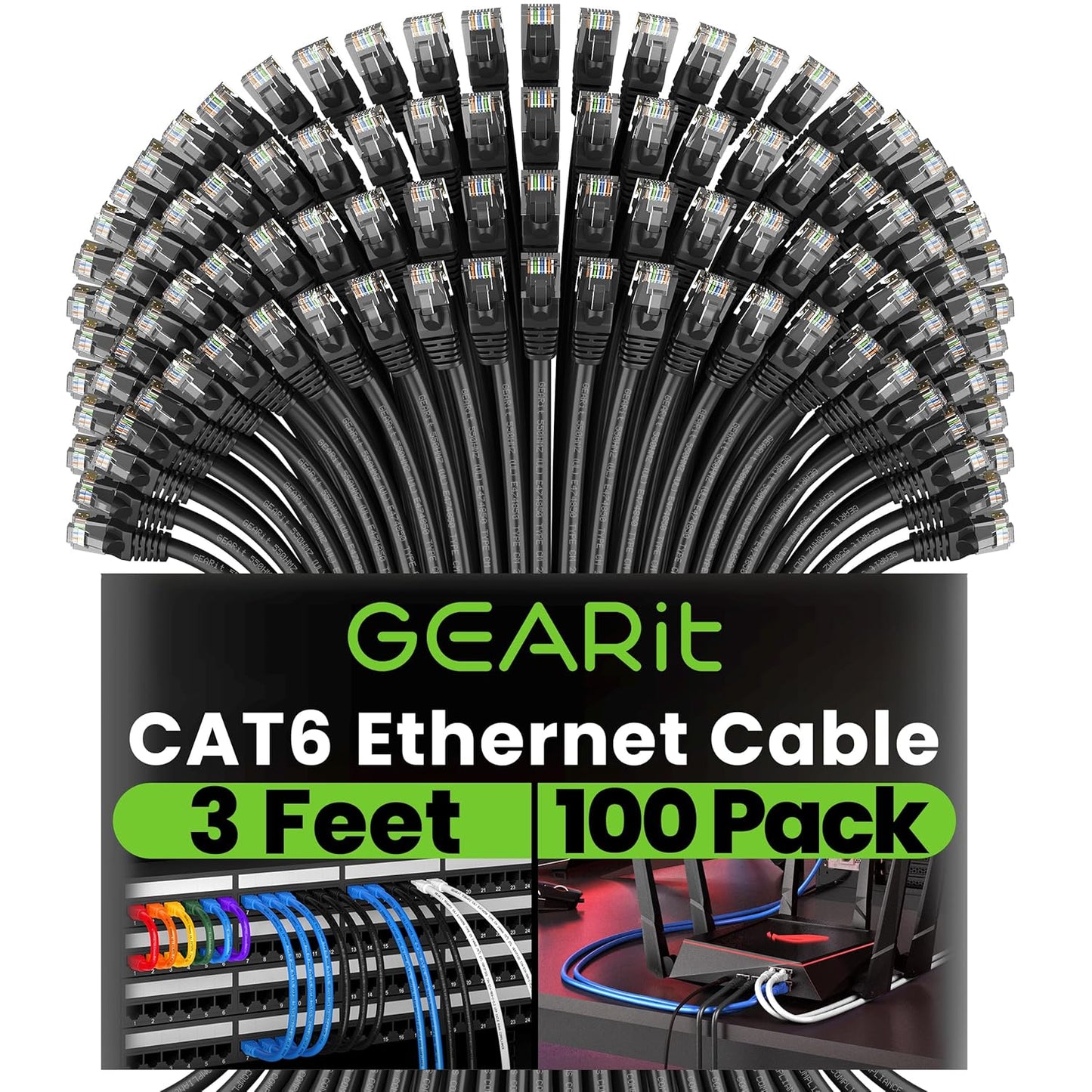 Cat 6 Ethernet Cable (100-Pack 3 Feet) Cat6 Network Patch, 10Gbps, RJ45, Snagless Cord, Gold-Plated Connectors, Internet for PC, TV, Tablet, Router, Printer, Servers, IT Data Center - Black