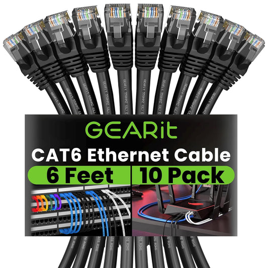 Cat 6 Ethernet Cable (10-Pack 6 Feet) Cat6 Network Patch, 10Gbps, RJ45, Snagless Cord, Gold-Plated Connectors, Internet for PC, TV, Tablet, Router, Printer, Servers, IT Data Center - Black