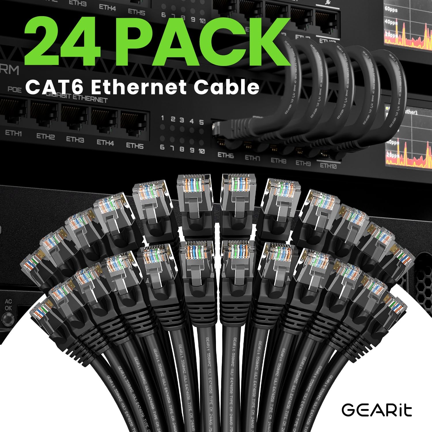 Cat 6 Ethernet Cable (24-Pack 7 Feet) Cat6 Network Patch, 10Gbps, RJ45, Snagless Cord, Gold-Plated Connectors, Internet for PC, TV, Tablet, Router, Printer, Servers, IT Data Center - Black