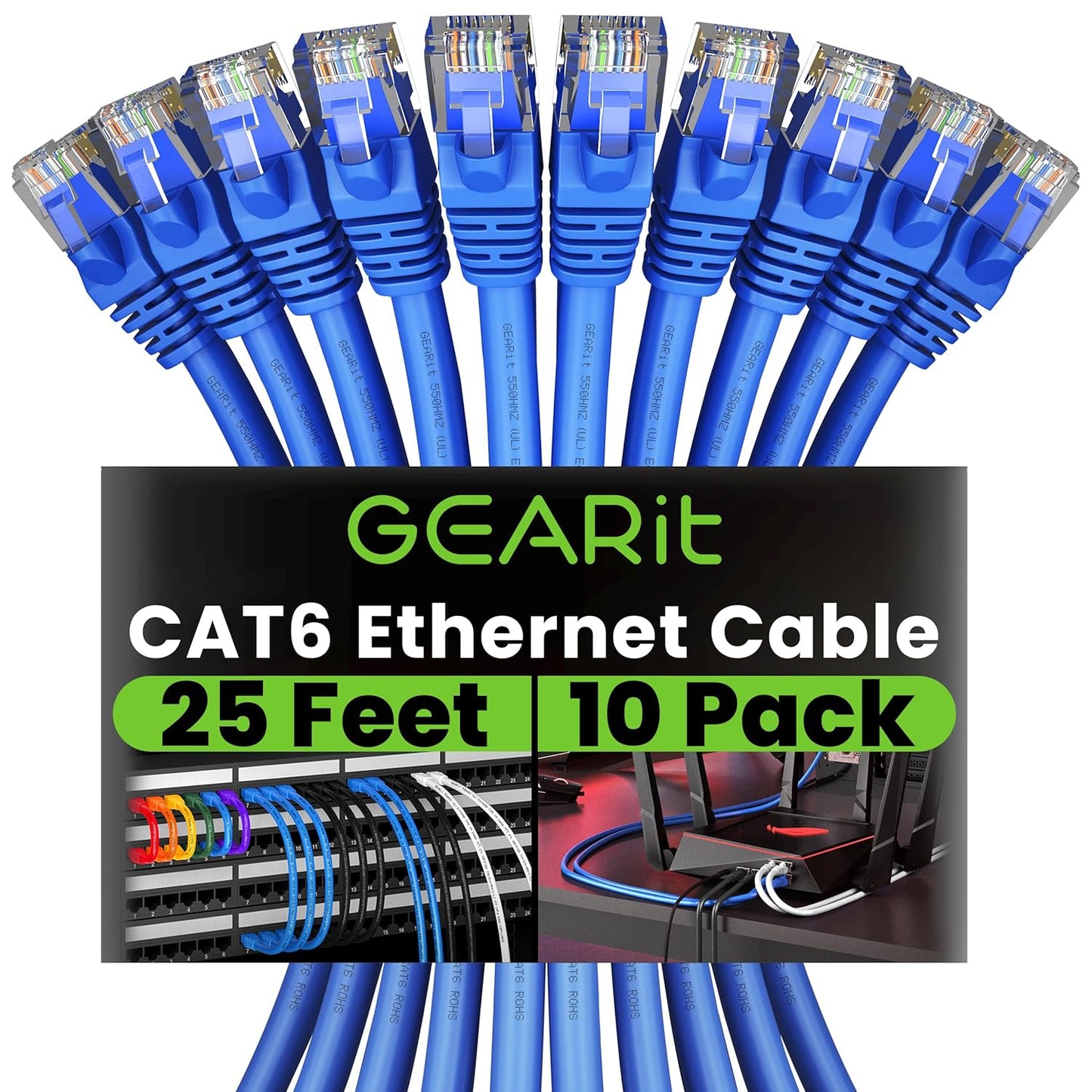 Cat 6 Ethernet Cable (10-Pack 25 Feet) Cat6 Network Patch, 10Gbps, RJ45, Snagless Cord, Gold-Plated Connectors, Internet for PC, TV, Tablet, Router, Printer, Servers, IT Data Center - Blue