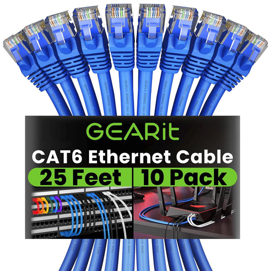 Cat 6 Ethernet Cable (10-Pack 25 Feet) Cat6 Network Patch, 10Gbps, RJ45, Snagless Cord, Gold-Plated Connectors, Internet for PC, TV, Tablet, Router, Printer, Servers, IT Data Center - Blue