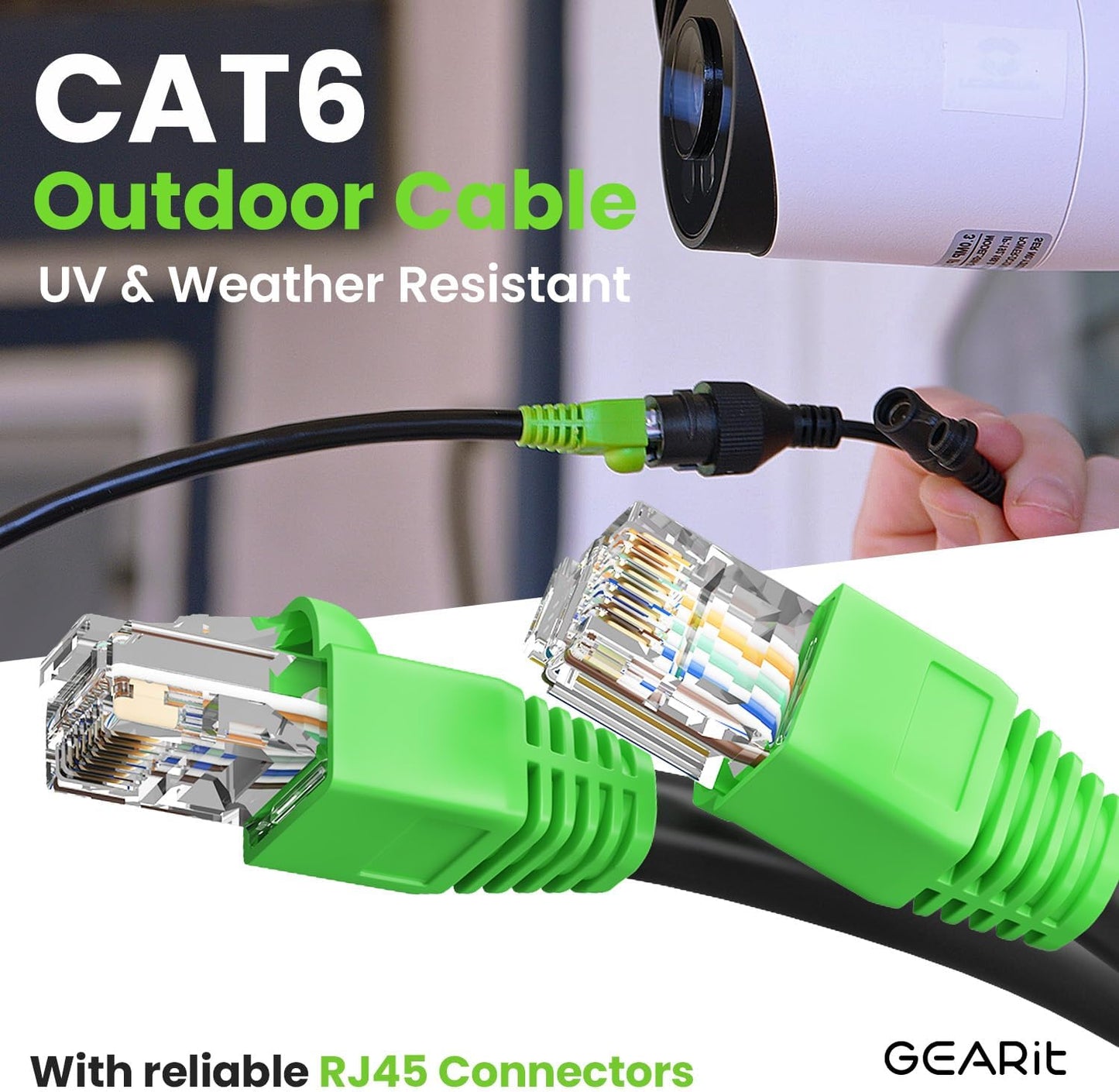 RJ45 Cat-6 Ethernet Patch Cable, 10Gpbs Transfer Speed, Gold-Plated Connectors, Copper Clad, Outdoor, UV Resistant, Direct Burial, Waterproof, Durable, 150 Foot (45.7 Meters), Black