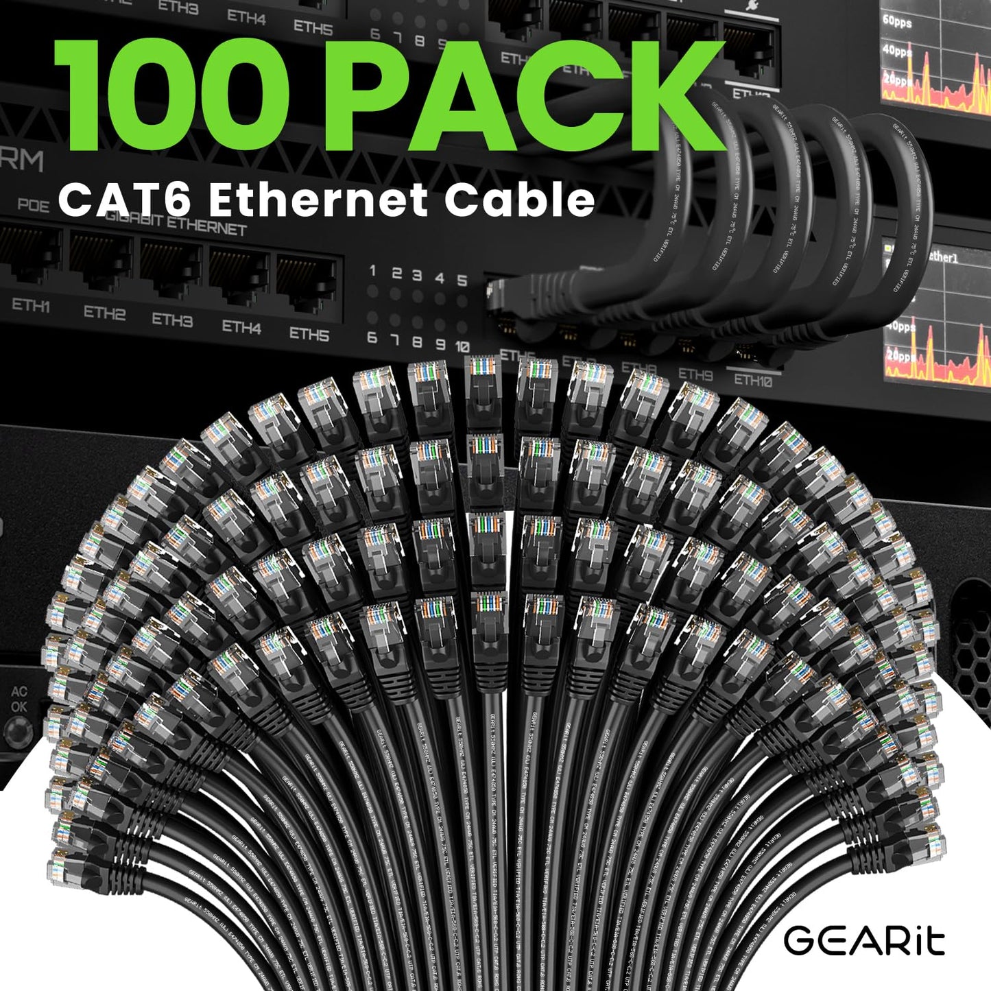 Cat 6 Ethernet Cable (100-Pack 3 Feet) Cat6 Network Patch, 10Gbps, RJ45, Snagless Cord, Gold-Plated Connectors, Internet for PC, TV, Tablet, Router, Printer, Servers, IT Data Center - Black