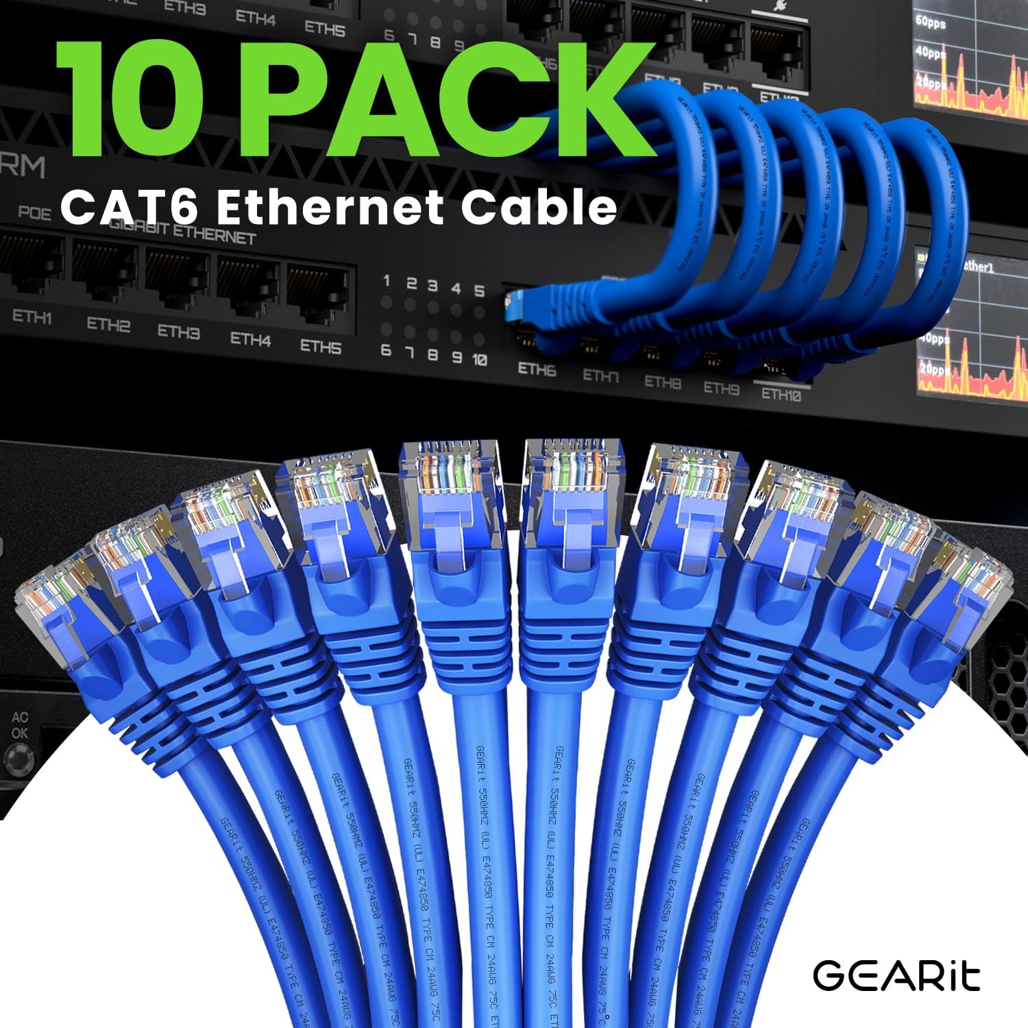 Cat 6 Ethernet Cable (10-Pack 25 Feet) Cat6 Network Patch, 10Gbps, RJ45, Snagless Cord, Gold-Plated Connectors, Internet for PC, TV, Tablet, Router, Printer, Servers, IT Data Center - Blue